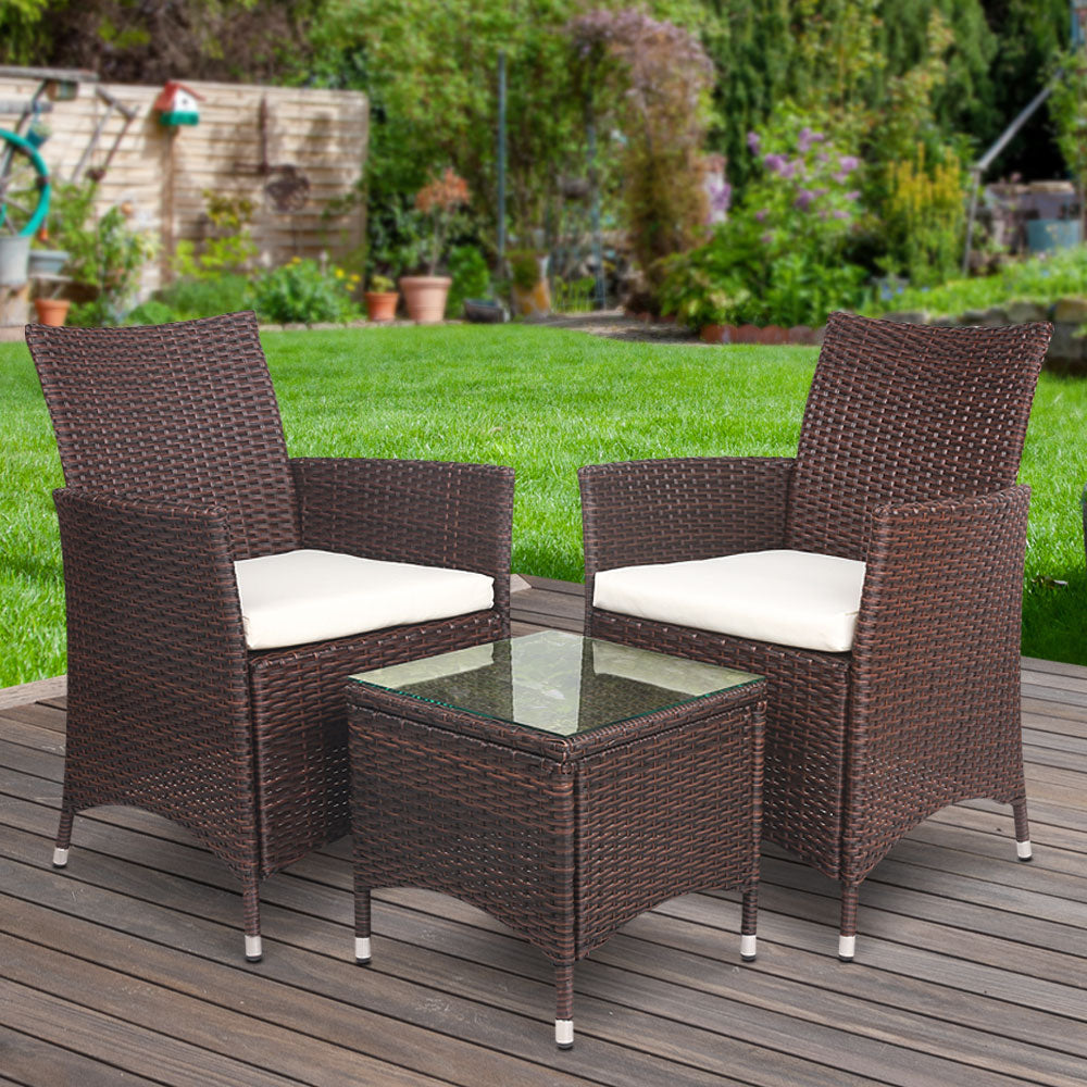 Marlook 3PC Outdoor Bistro Set Patio Furniture Wicker Setting Chairs Table Cushion Brown