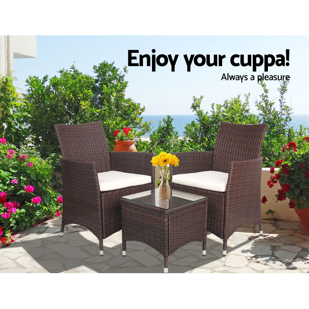 Marlook 3PC Outdoor Bistro Set Patio Furniture Wicker Setting Chairs Table Cushion Brown