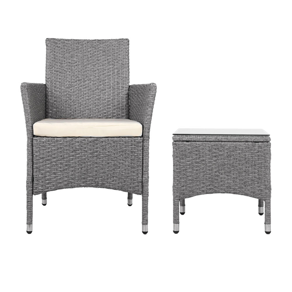 Marlook 3PC Outdoor Bistro Set Patio Furniture Wicker Setting Chairs Table Cushion Grey