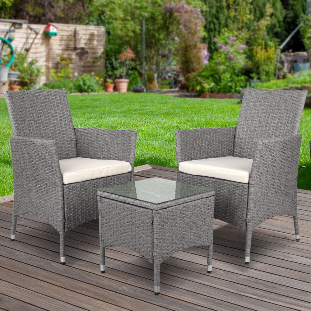 Marlook 3PC Outdoor Bistro Set Patio Furniture Wicker Setting Chairs Table Cushion Grey