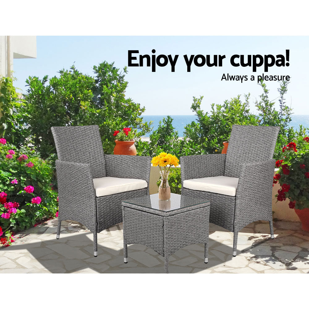 Marlook 3PC Outdoor Bistro Set Patio Furniture Wicker Setting Chairs Table Cushion Grey
