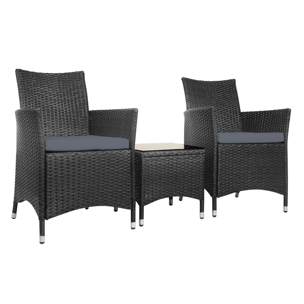 Marlook 3PC Outdoor Bistro Set Patio Furniture Wicker Chairs Table Cushion All Black