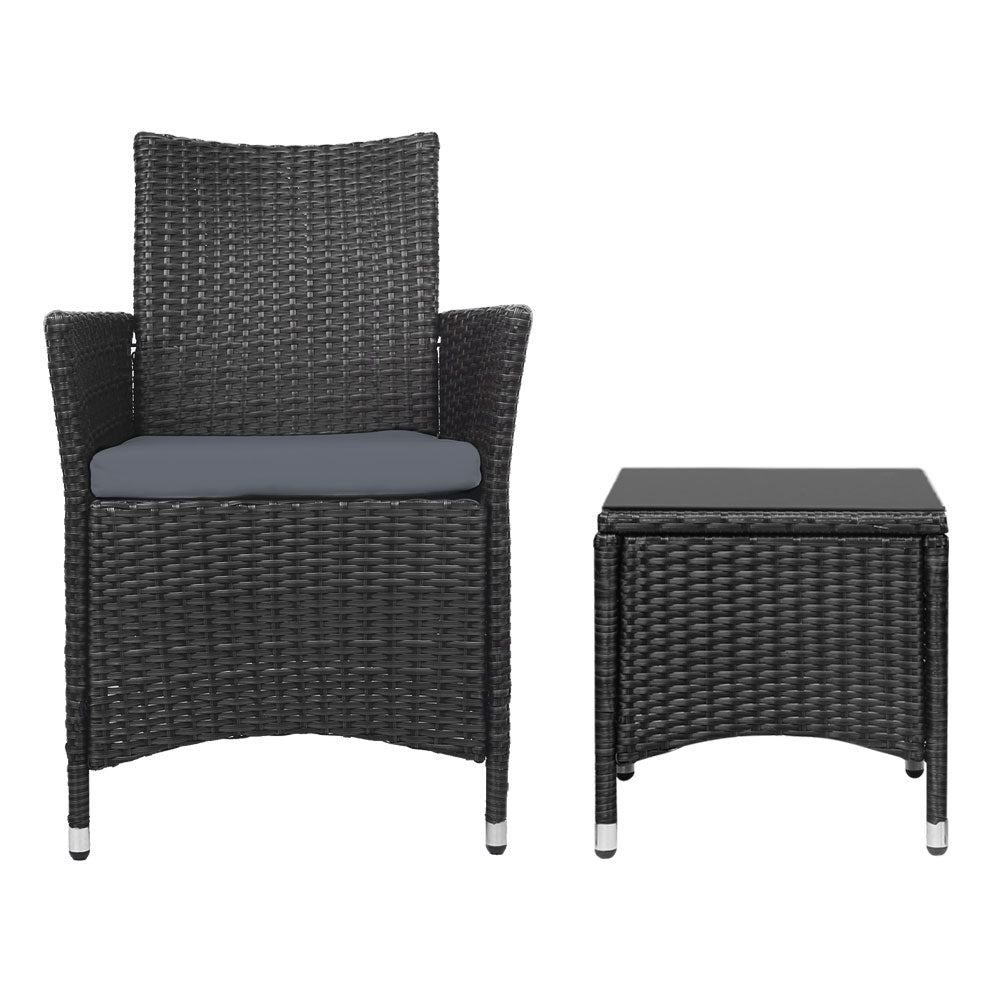 Marlook 3PC Outdoor Bistro Set Patio Furniture Wicker Chairs Table Cushion All Black