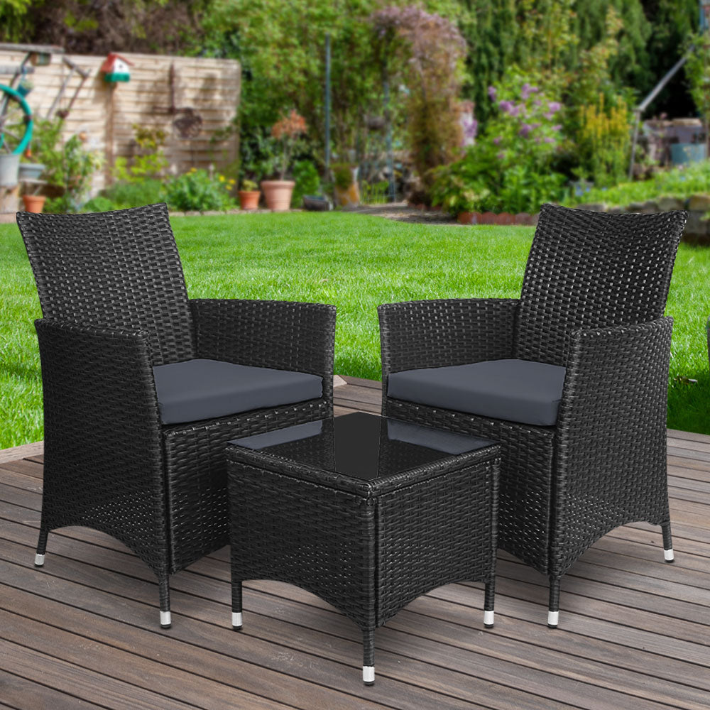 Marlook 3PC Outdoor Bistro Set Patio Furniture Wicker Chairs Table Cushion All Black