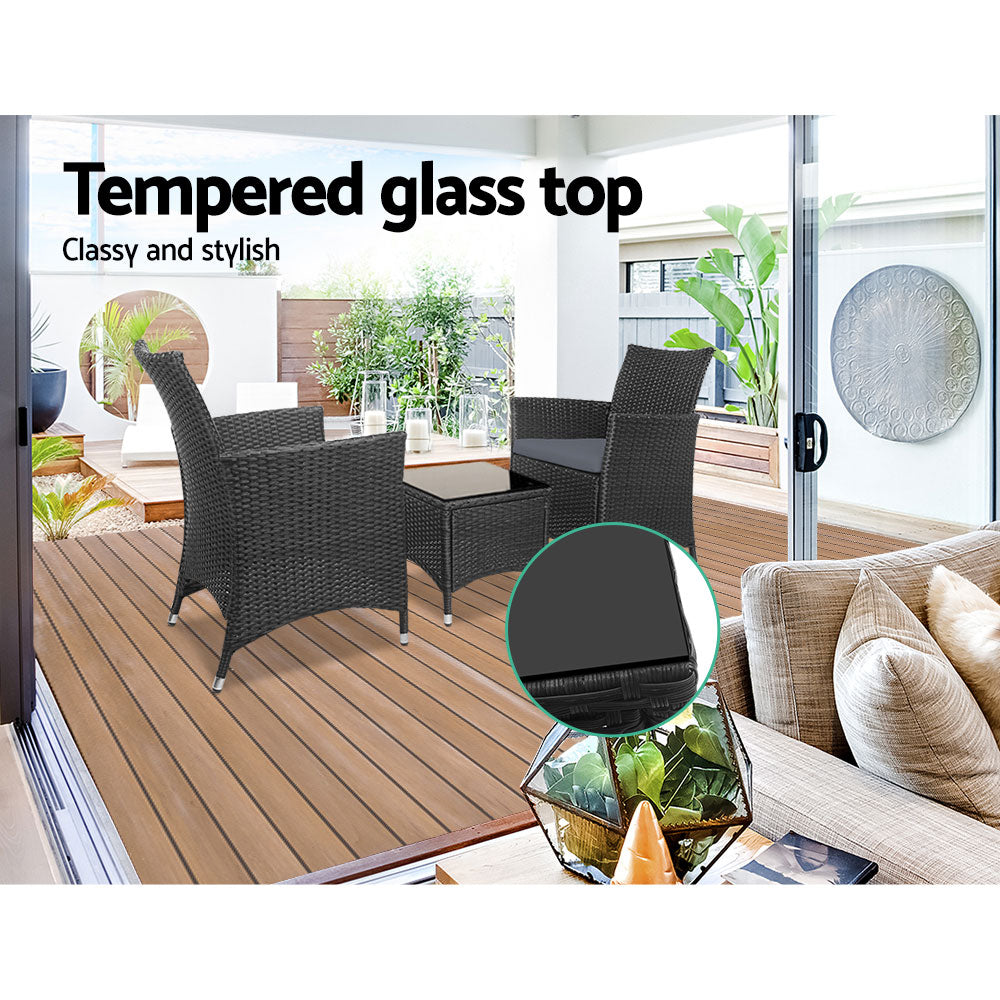 Marlook 3PC Outdoor Bistro Set Patio Furniture Wicker Chairs Table Cushion All Black