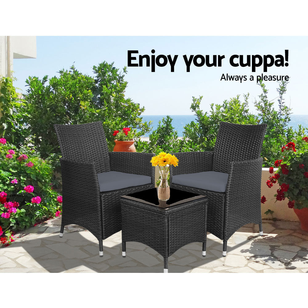 Marlook 3PC Outdoor Bistro Set Patio Furniture Wicker Chairs Table Cushion All Black