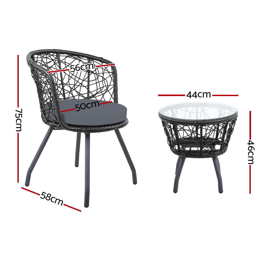 Marlook 3PC Bistro Set Outdoor Furniture Rattan Table Chairs Patio Garden Cushion Black