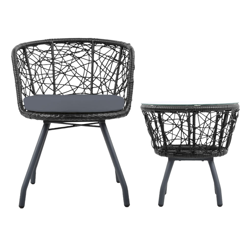 Marlook 3PC Bistro Set Outdoor Furniture Rattan Table Chairs Patio Garden Cushion Black