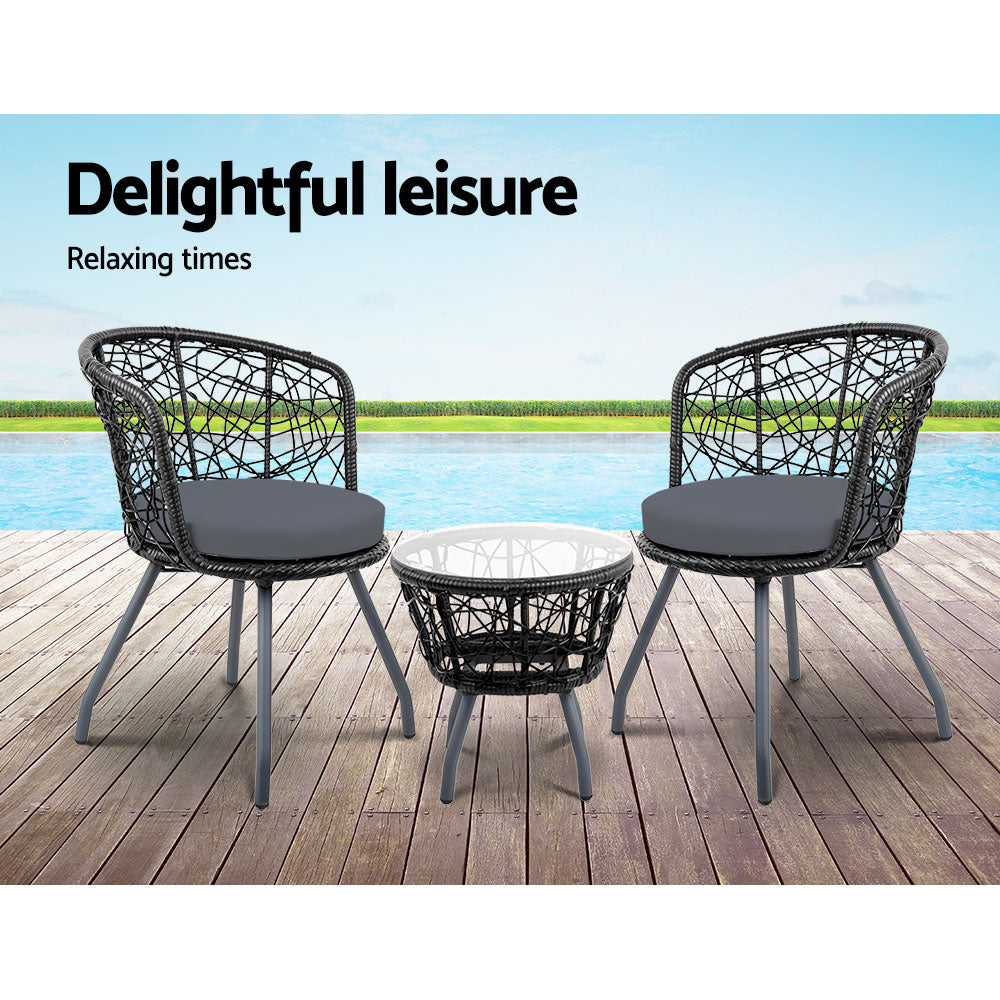 Marlook 3PC Bistro Set Outdoor Furniture Rattan Table Chairs Patio Garden Cushion Black