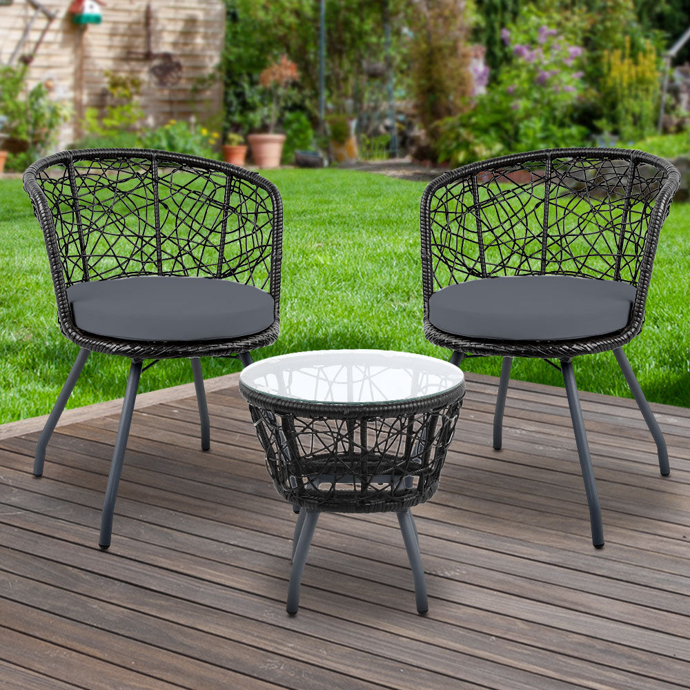 Marlook 3PC Bistro Set Outdoor Furniture Rattan Table Chairs Patio Garden Cushion Black