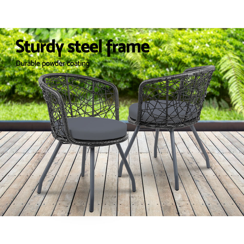 Marlook 3PC Bistro Set Outdoor Furniture Rattan Table Chairs Patio Garden Cushion Black