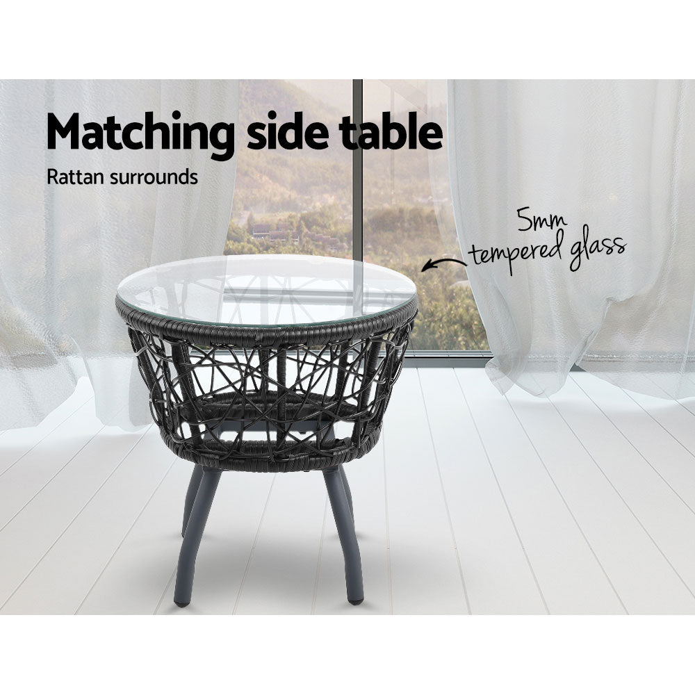 Marlook 3PC Bistro Set Outdoor Furniture Rattan Table Chairs Patio Garden Cushion Black