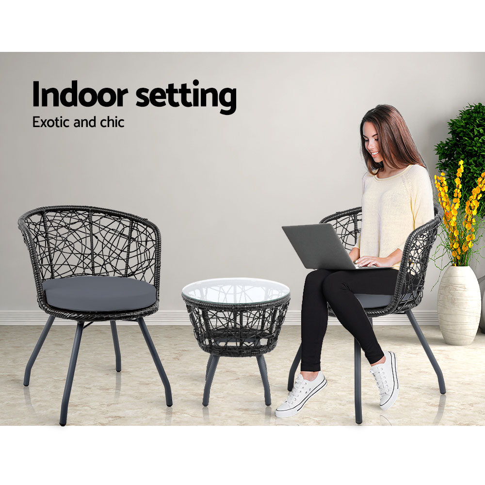 Marlook 3PC Bistro Set Outdoor Furniture Rattan Table Chairs Patio Garden Cushion Black