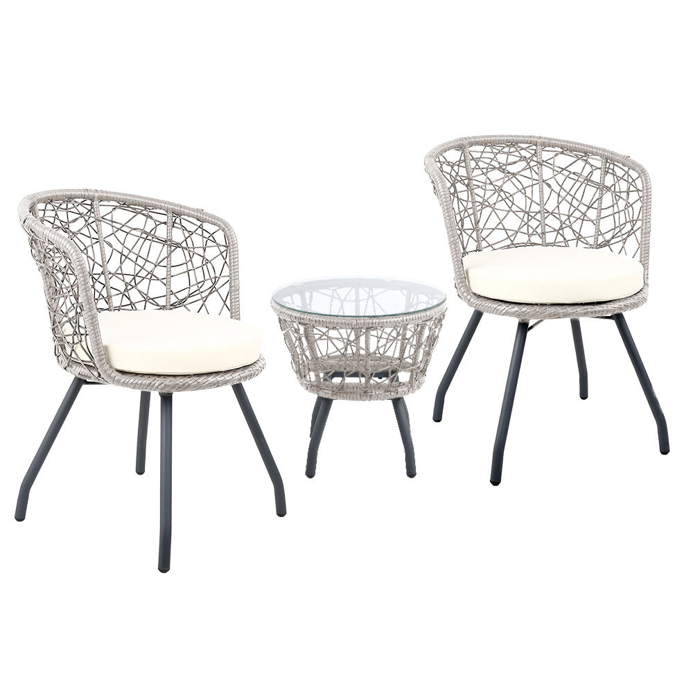 Marlook 3PC Bistro Set Outdoor Furniture Rattan Table Chairs Patio Garden Cushion Grey