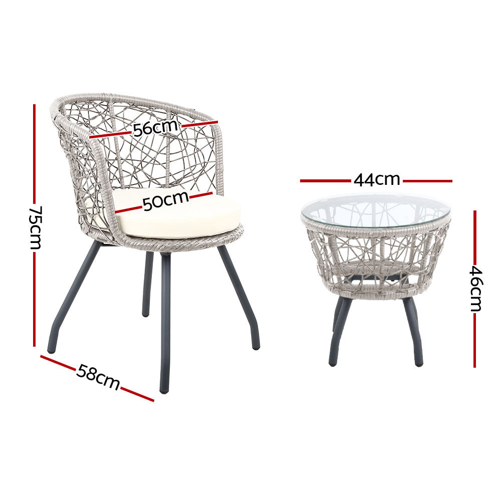 Marlook 3PC Bistro Set Outdoor Furniture Rattan Table Chairs Patio Garden Cushion Grey