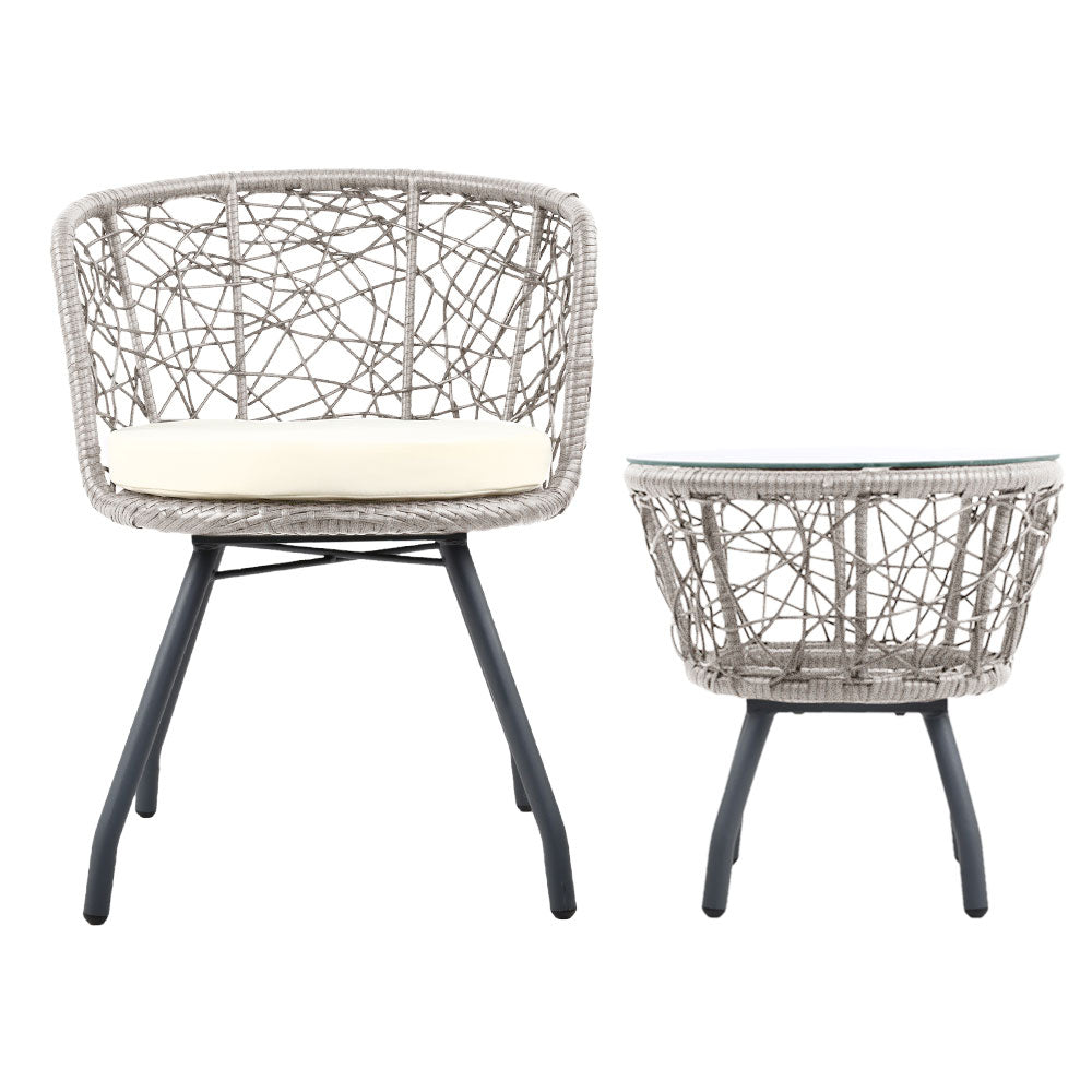 Marlook 3PC Bistro Set Outdoor Furniture Rattan Table Chairs Patio Garden Cushion Grey