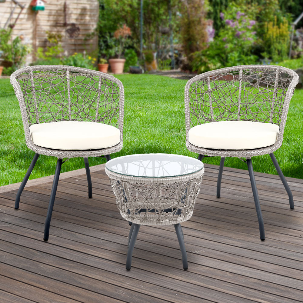 Marlook 3PC Bistro Set Outdoor Furniture Rattan Table Chairs Patio Garden Cushion Grey