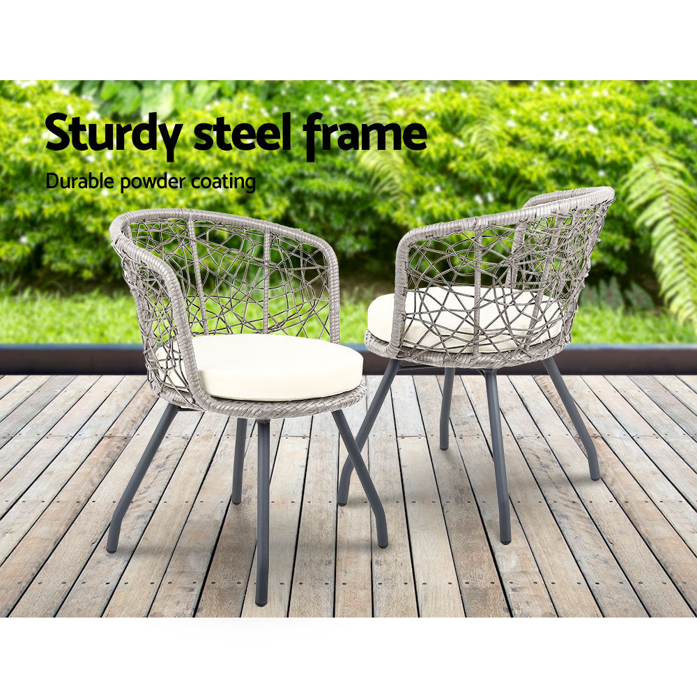 Marlook 3PC Bistro Set Outdoor Furniture Rattan Table Chairs Patio Garden Cushion Grey