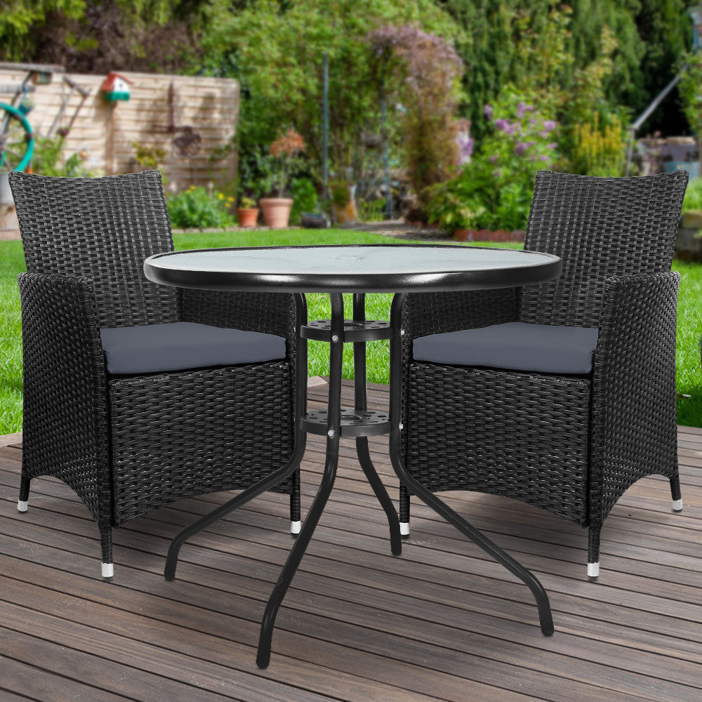 Marlook 3PC Bistro Set Outdoor Furniture Rattan Table Chairs Cushion Patio Garden Idris
