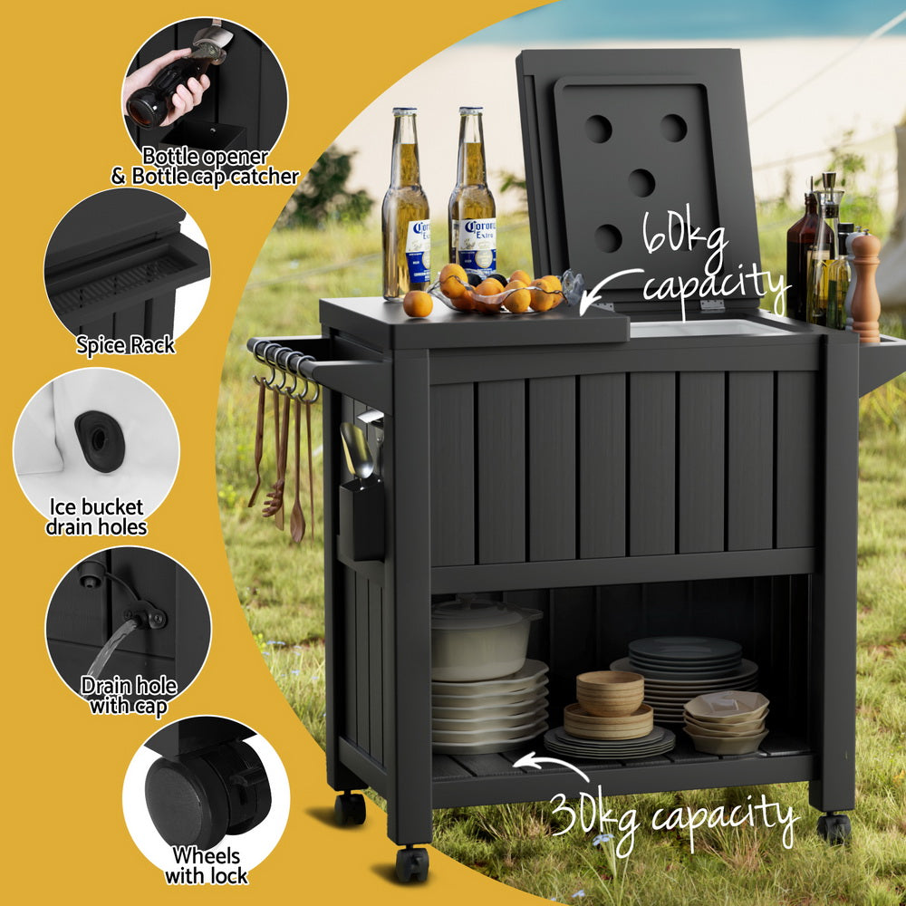Marlook Outdoor Storage Cabinet Box 80L Ice Bucket Cooler Rolling Serving Cart Kitchen Trolley