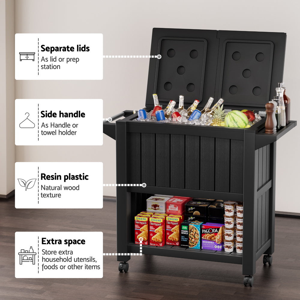 Marlook Outdoor Storage Cabinet Box 80L Ice Bucket Cooler Rolling Serving Cart Kitchen Trolley
