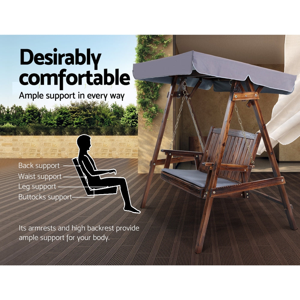 Marlook Outdoor Wooden Swing Chair Garden Bench Canopy Cushion 2 Seater Charcoal