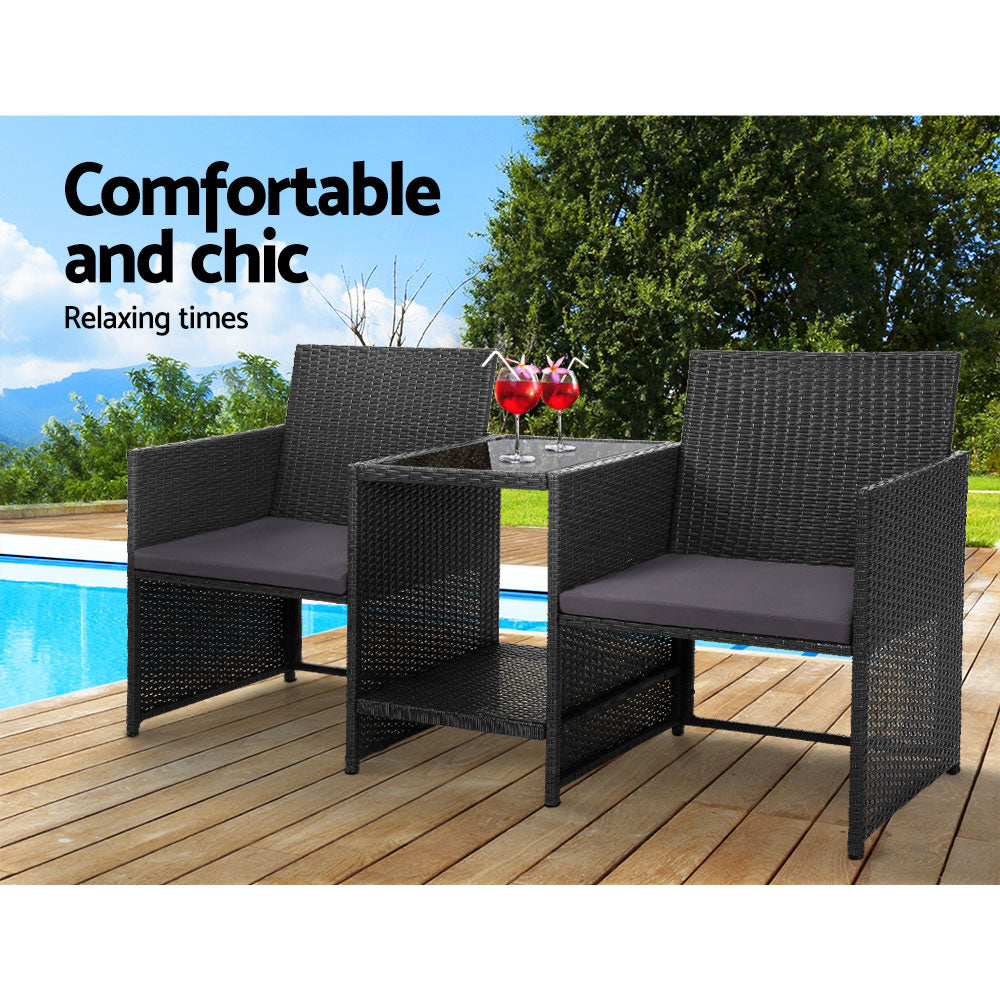 Marlook Outdoor Setting Wicker Loveseat Birstro Set Patio Garden Furniture Black