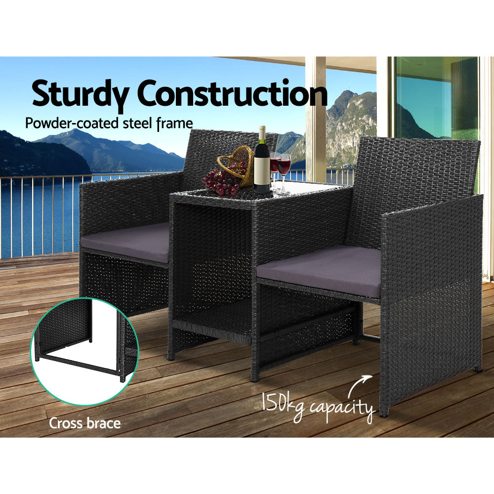 Marlook Outdoor Setting Wicker Loveseat Birstro Set Patio Garden Furniture Black