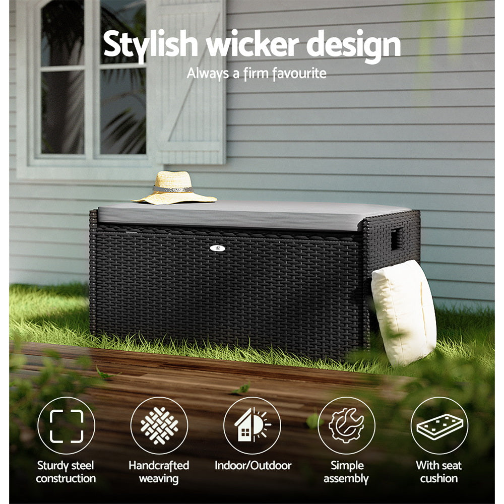 Marlook Outdoor Storage Bench Box Wicker Garden Sheds Tools Cushion Patio Furniture Black