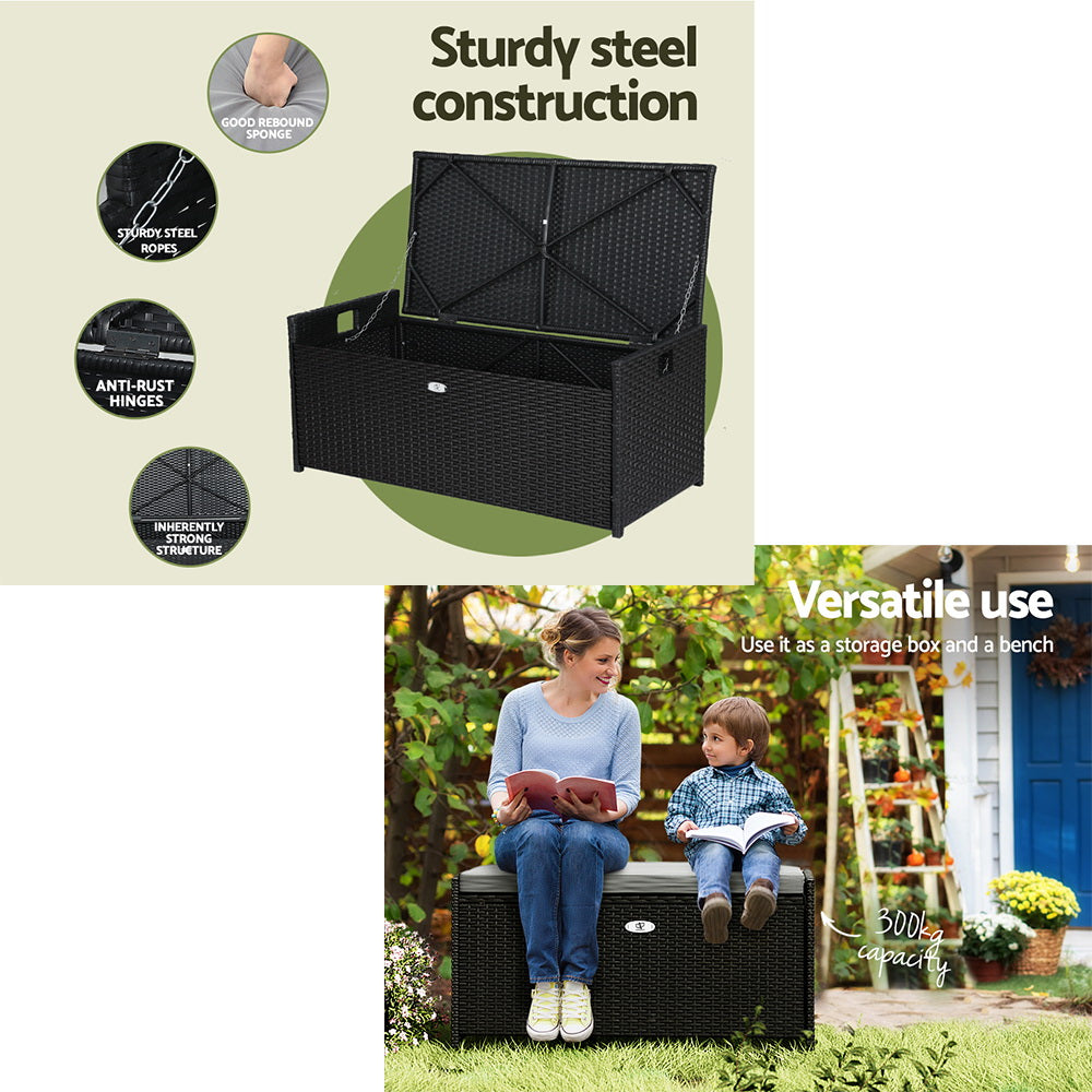 Marlook Outdoor Storage Bench Box Wicker Garden Sheds Tools Cushion Patio Furniture Black