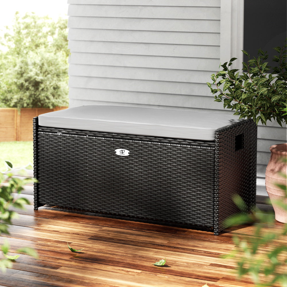 Marlook Outdoor Storage Bench Box Wicker Garden Sheds Tools Cushion Patio Furniture Black