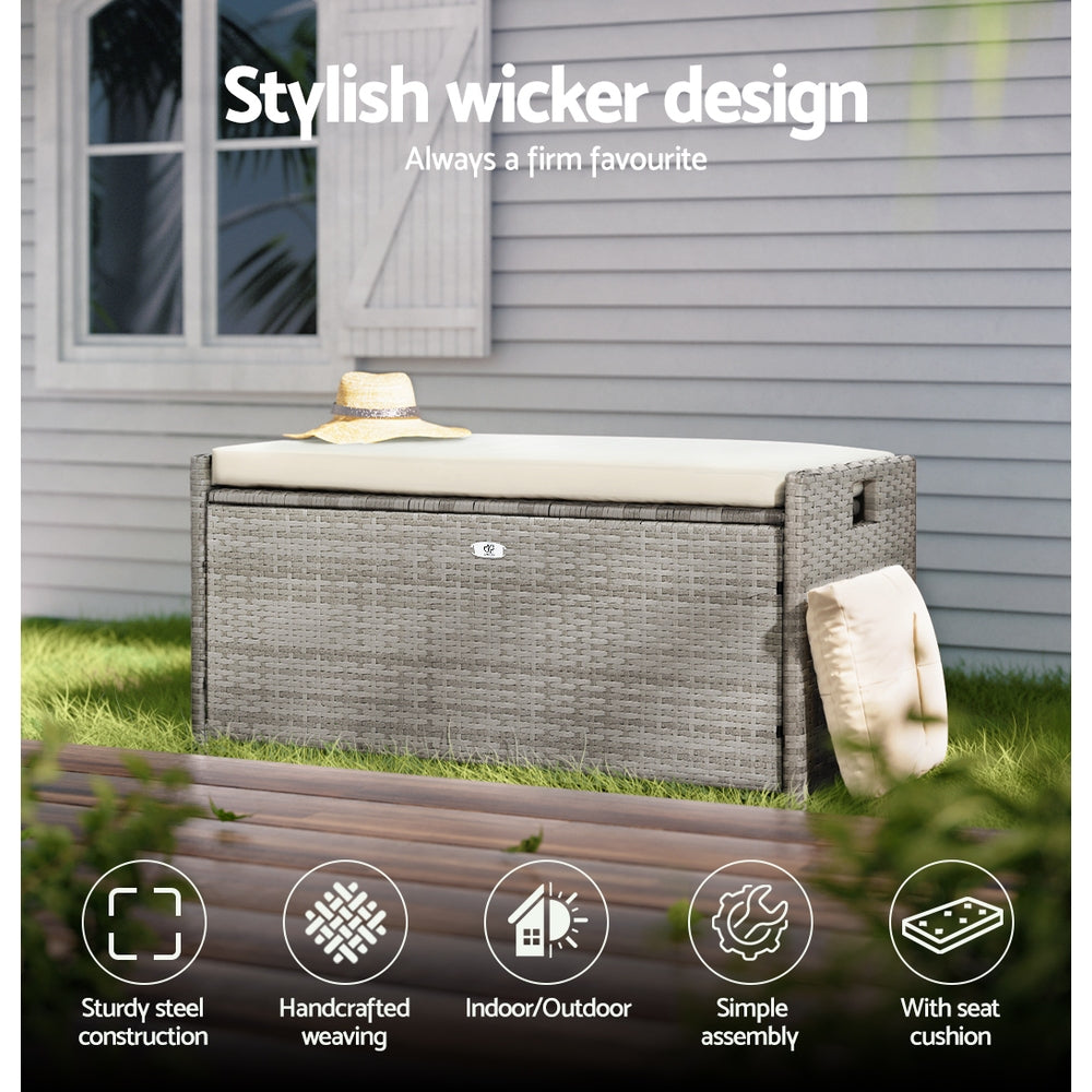 Marlook Outdoor Storage Bench Box Wicker Garden Sheds Tools Cushion Patio Furniture Grey