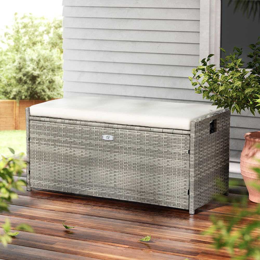Marlook Outdoor Storage Bench Box Wicker Garden Sheds Tools Cushion Patio Furniture Grey