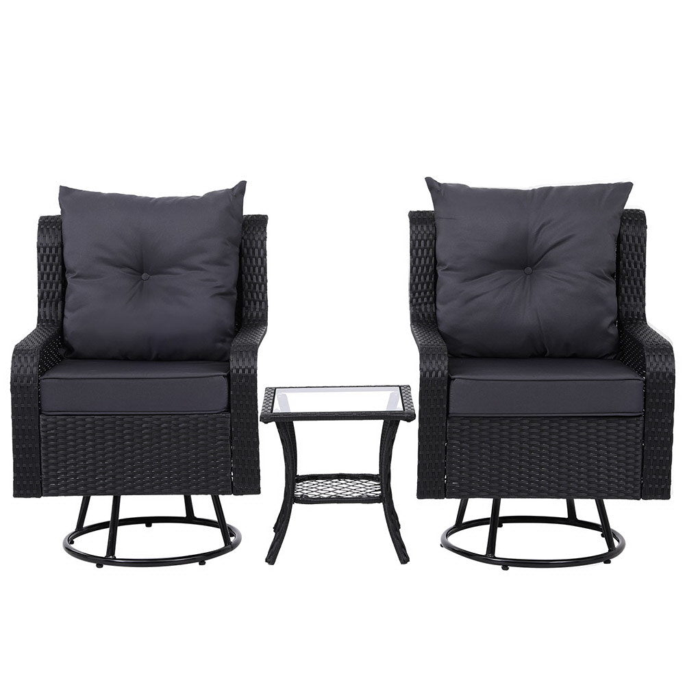 Marlook 3PC Outdoor Furniture Bistro Set Lounge Wicker Swivel Chairs Table Cushion Black