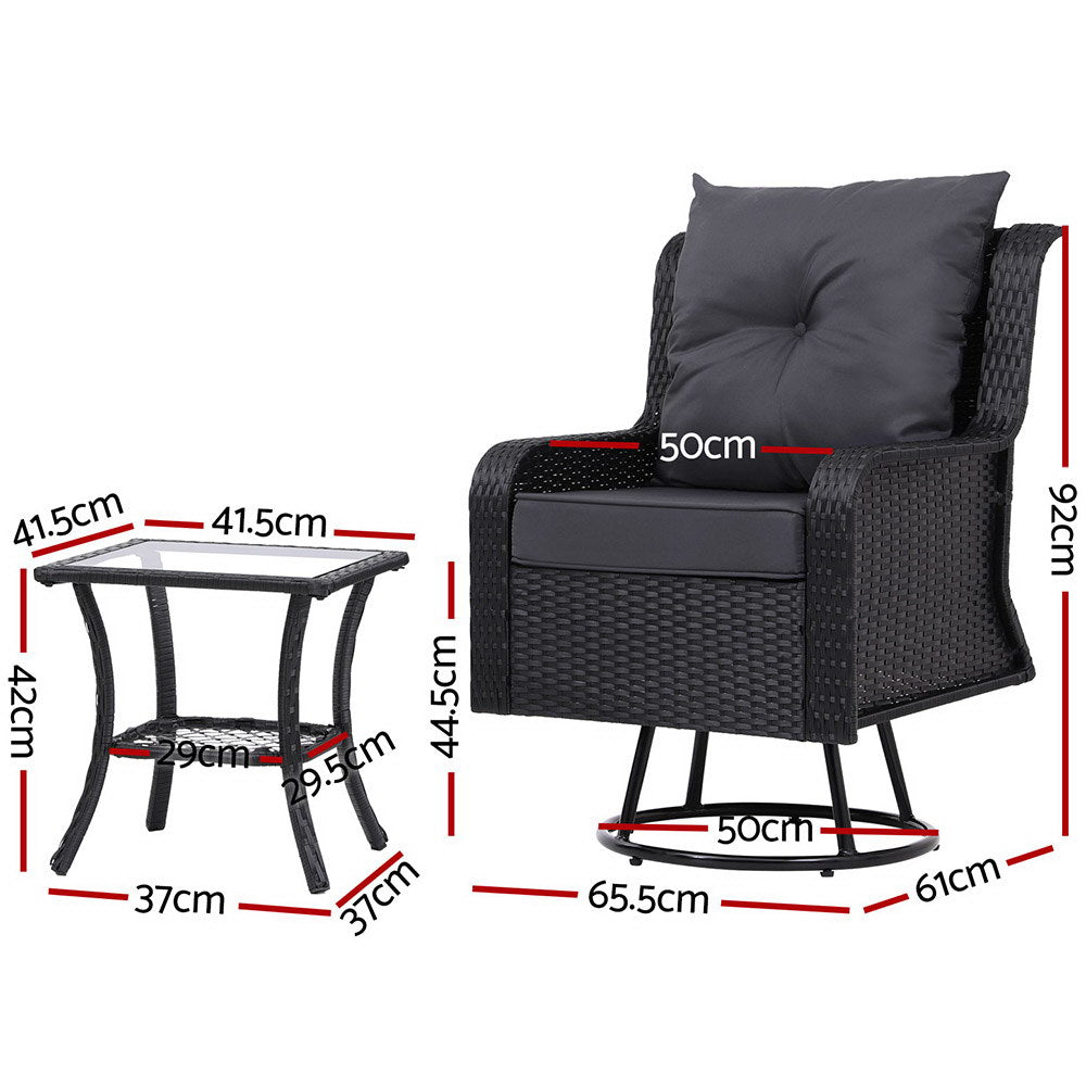 Marlook 3PC Outdoor Furniture Bistro Set Lounge Wicker Swivel Chairs Table Cushion Black