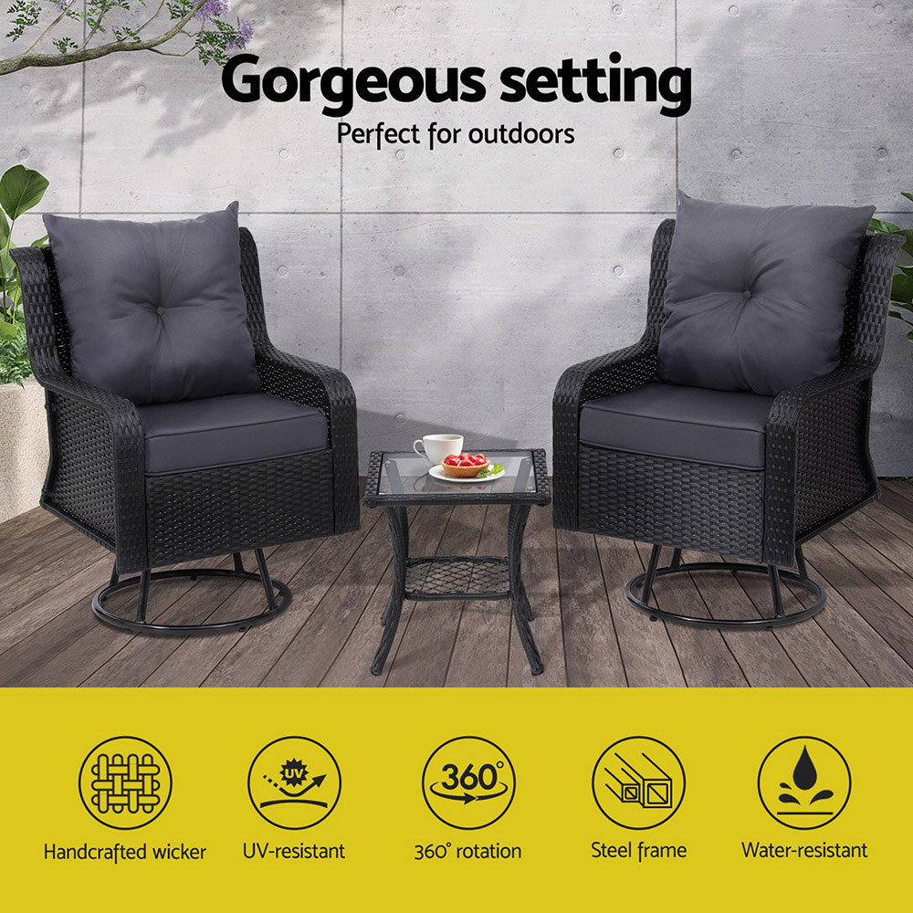 Marlook 3PC Outdoor Furniture Bistro Set Lounge Wicker Swivel Chairs Table Cushion Black