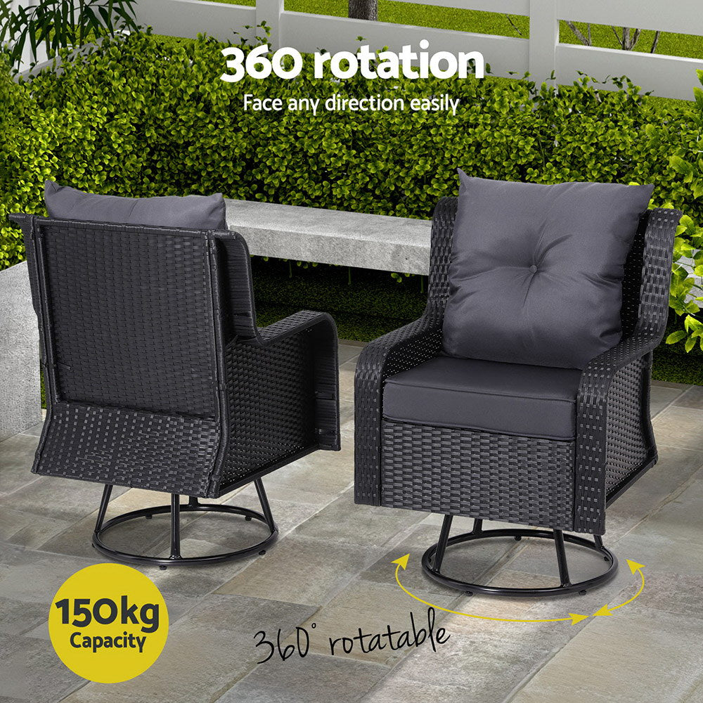 Marlook 3PC Outdoor Furniture Bistro Set Lounge Wicker Swivel Chairs Table Cushion Black