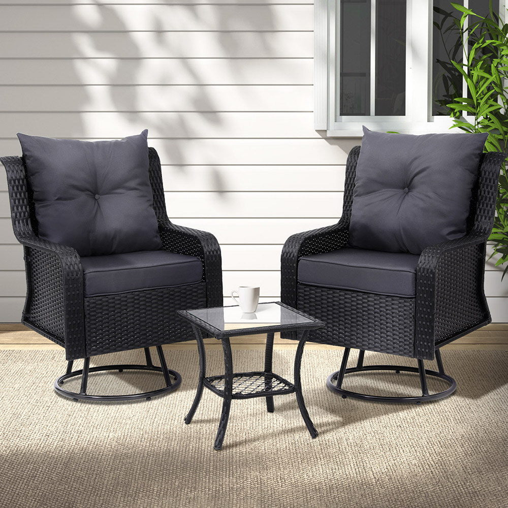 Marlook 3PC Outdoor Furniture Bistro Set Lounge Wicker Swivel Chairs Table Cushion Black