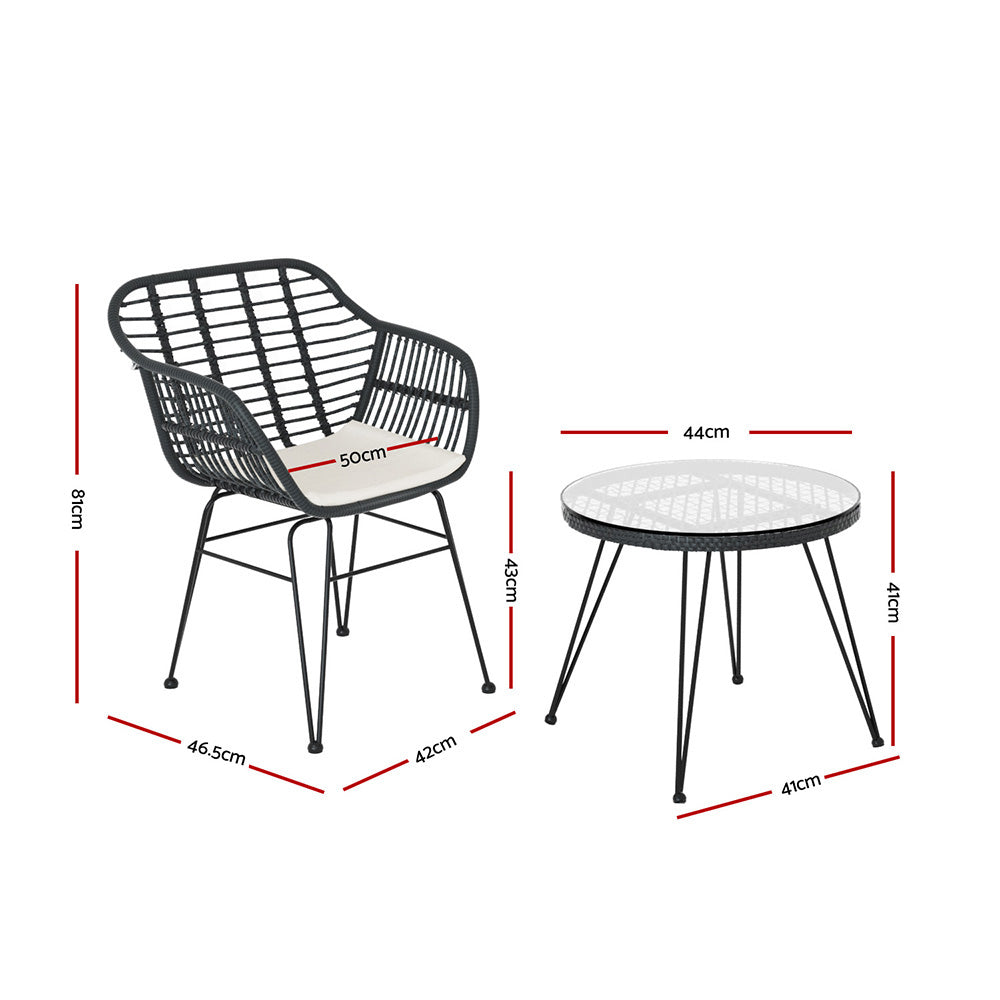 Marlook 3PC Outdoor Furniture Bistro Set Lounge Setting Table Chairs Cushion Patio Grey