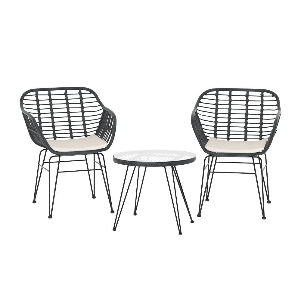 Marlook 3PC Outdoor Furniture Bistro Set Lounge Setting Table Chairs Cushion Patio Grey