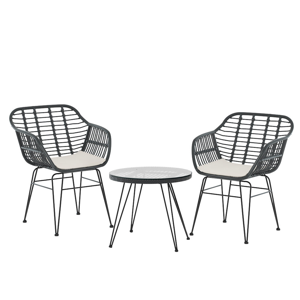 Marlook 3PC Outdoor Furniture Bistro Set Lounge Setting Table Chairs Cushion Patio Grey