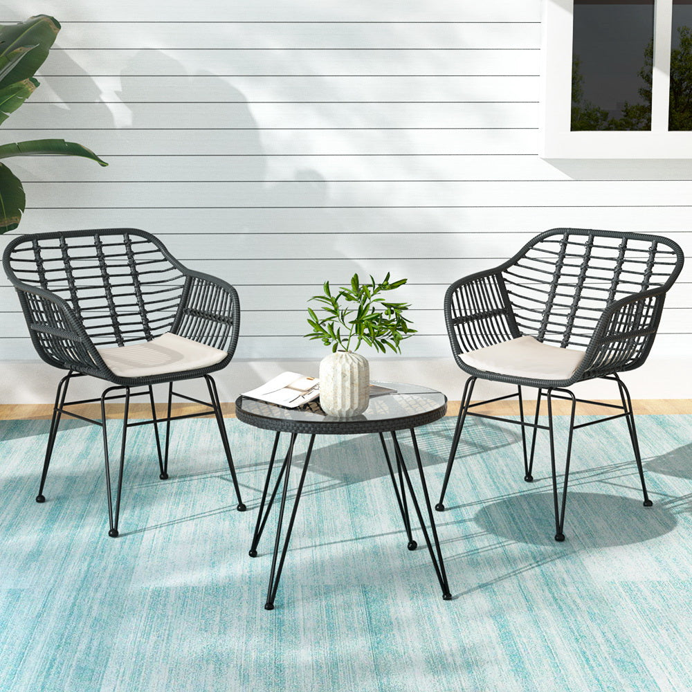 Marlook 3PC Outdoor Furniture Bistro Set Lounge Setting Table Chairs Cushion Patio Grey