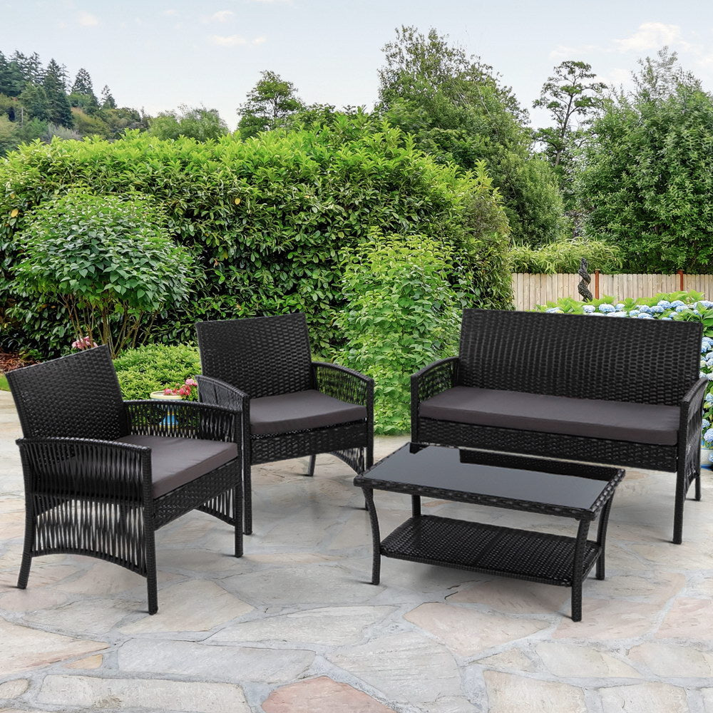 Marlook 4PCS Outdoor Sofa Set Wicker Harp Chair Table Garden Furniture Black