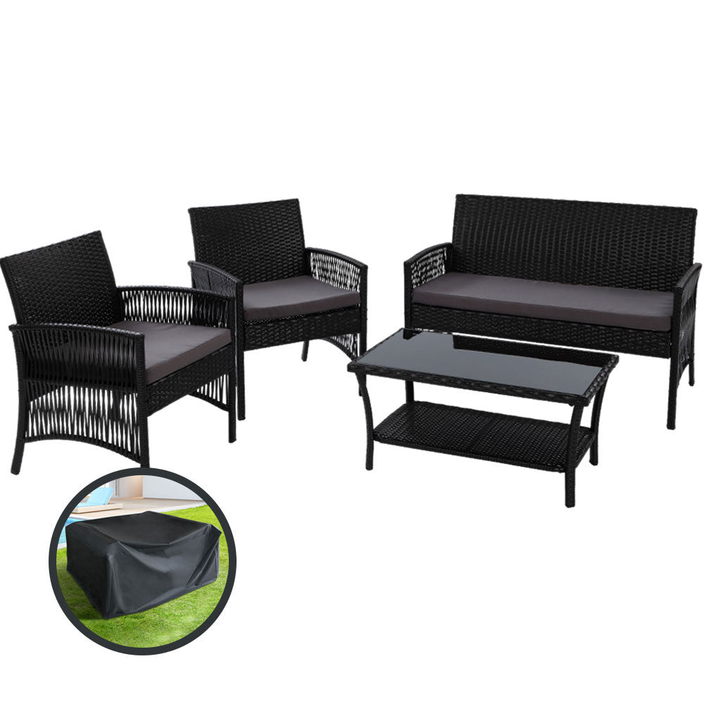 Marlook 4PCS OutdoorSofa Set with Storage Cover Wicker Harp Chair Table Black