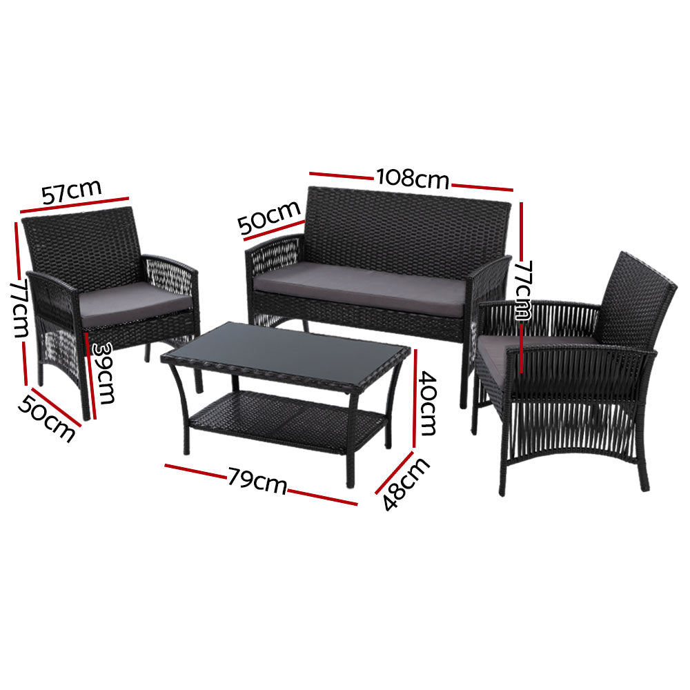 Marlook 4PCS OutdoorSofa Set with Storage Cover Wicker Harp Chair Table Black