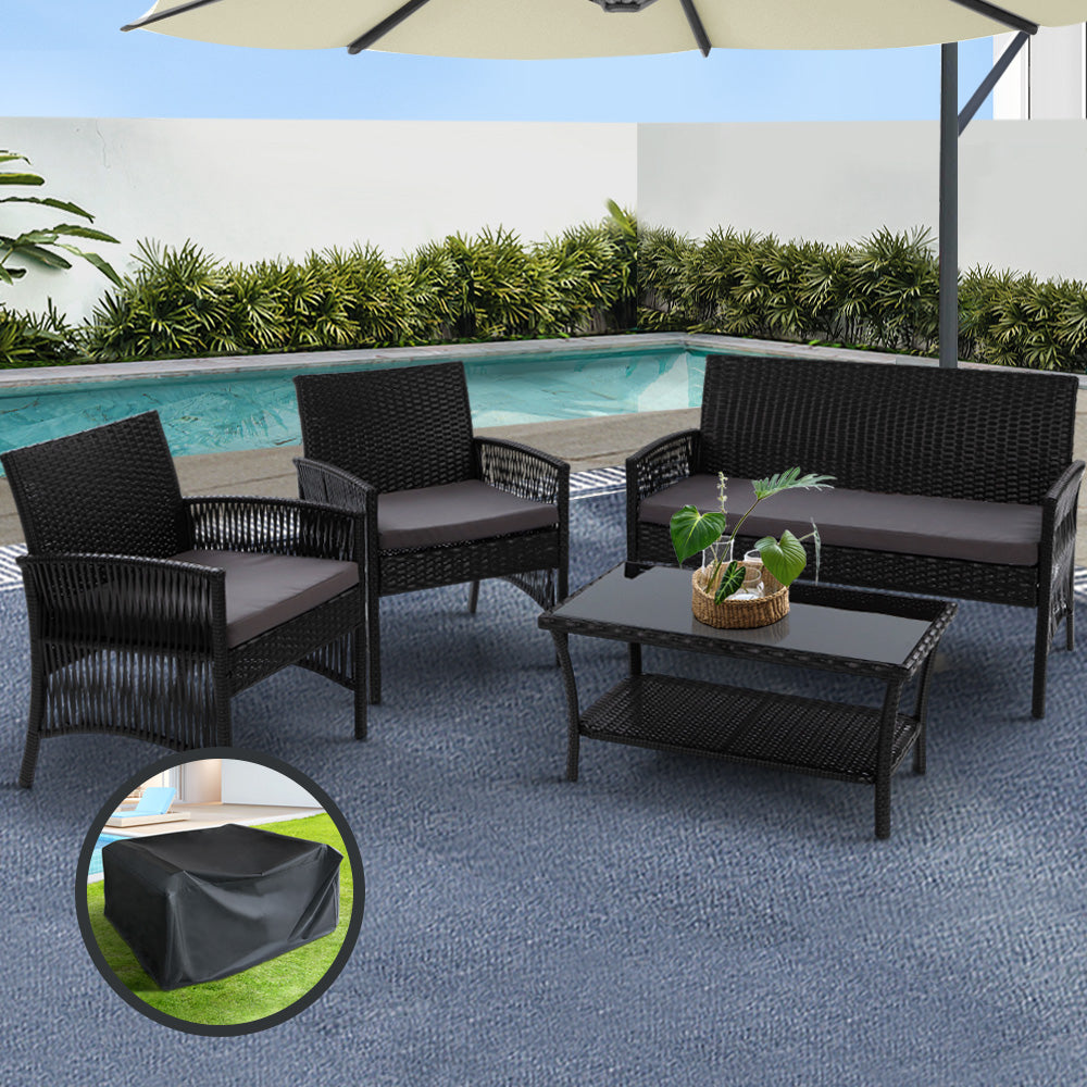 Marlook 4PCS OutdoorSofa Set with Storage Cover Wicker Harp Chair Table Black