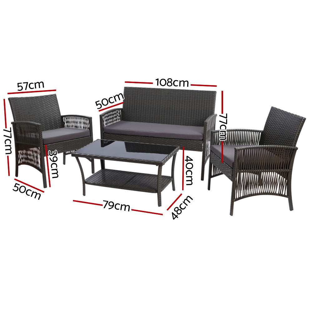 Marlook 4PCS Outdoor Sofa Set with Storage Cover Wicker Harp Chair Table Grey
