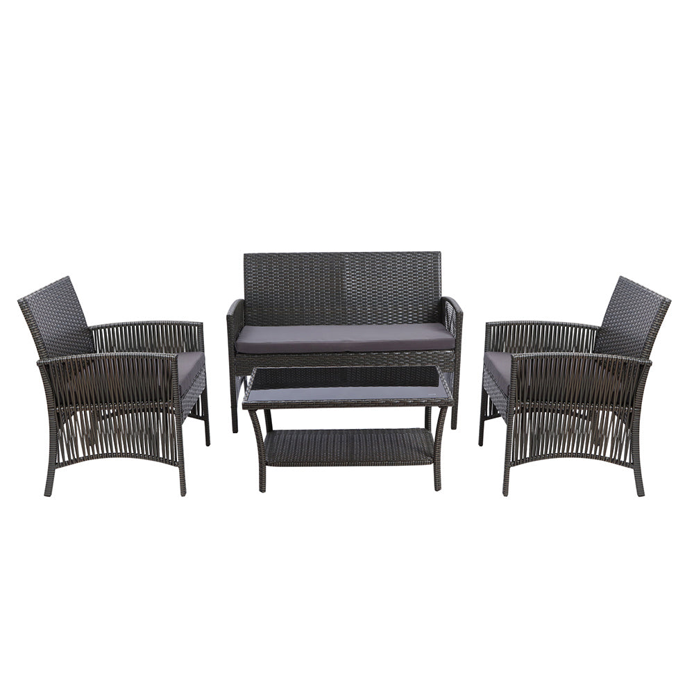 Marlook 4PCS Outdoor Sofa Set with Storage Cover Wicker Harp Chair Table Grey