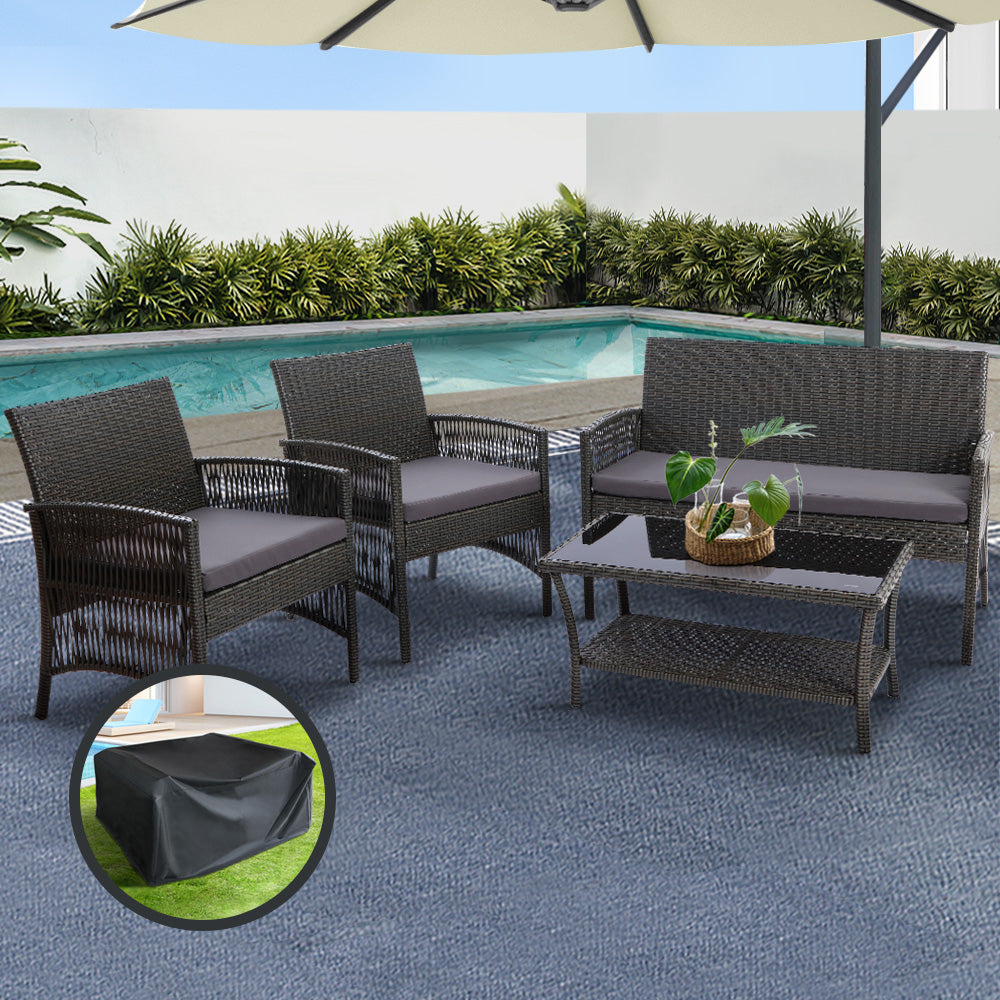 Marlook 4PCS Outdoor Sofa Set with Storage Cover Wicker Harp Chair Table Grey