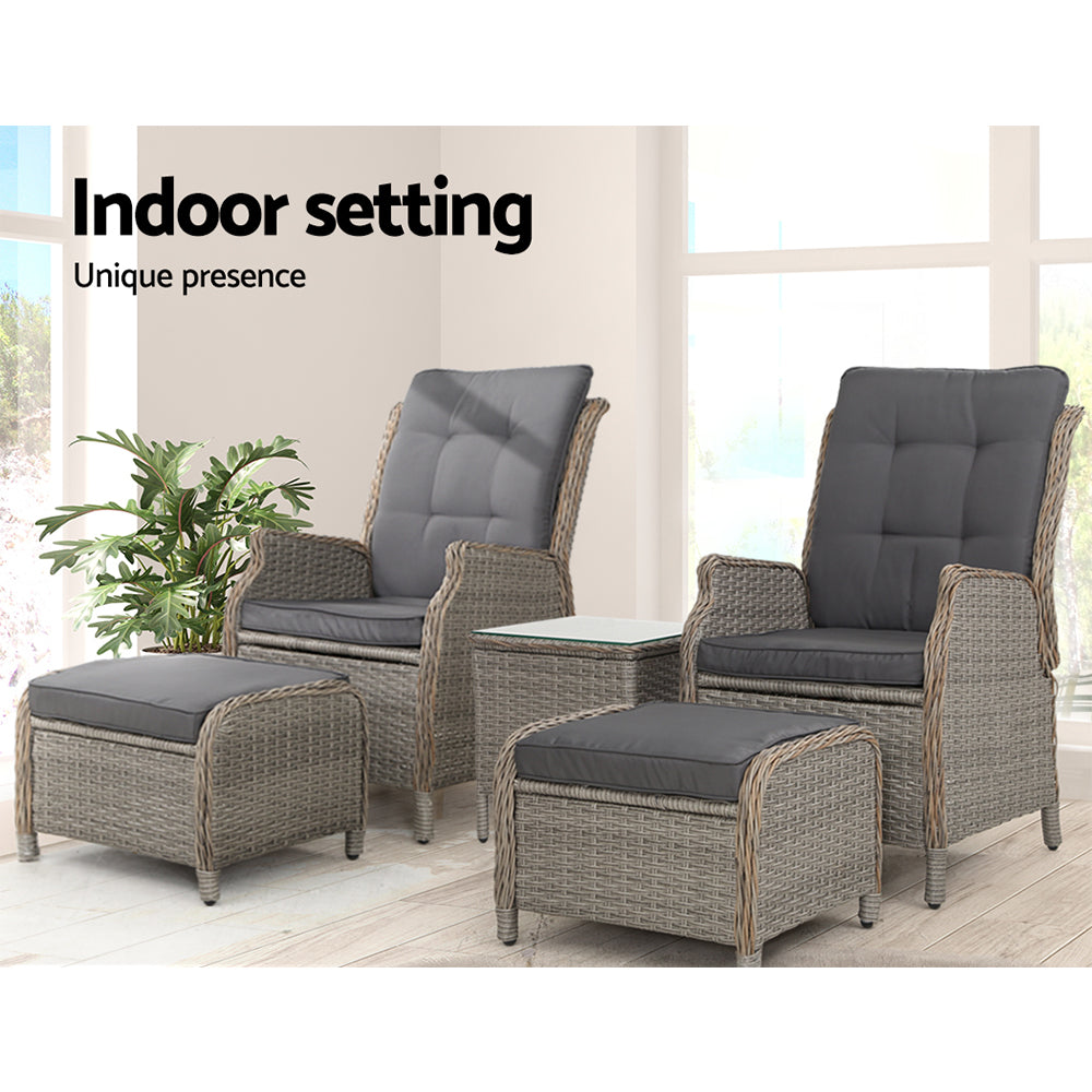 Marlook 5PC Recliner Chairs Table Sun lounge Wicker Outdoor Furniture Adjustable Grey